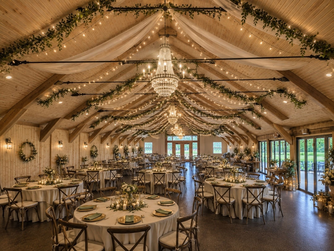 Elegant barn reception hall with draped fabric, chandeliers and round dining tables set for a wedding at SV Country Estate