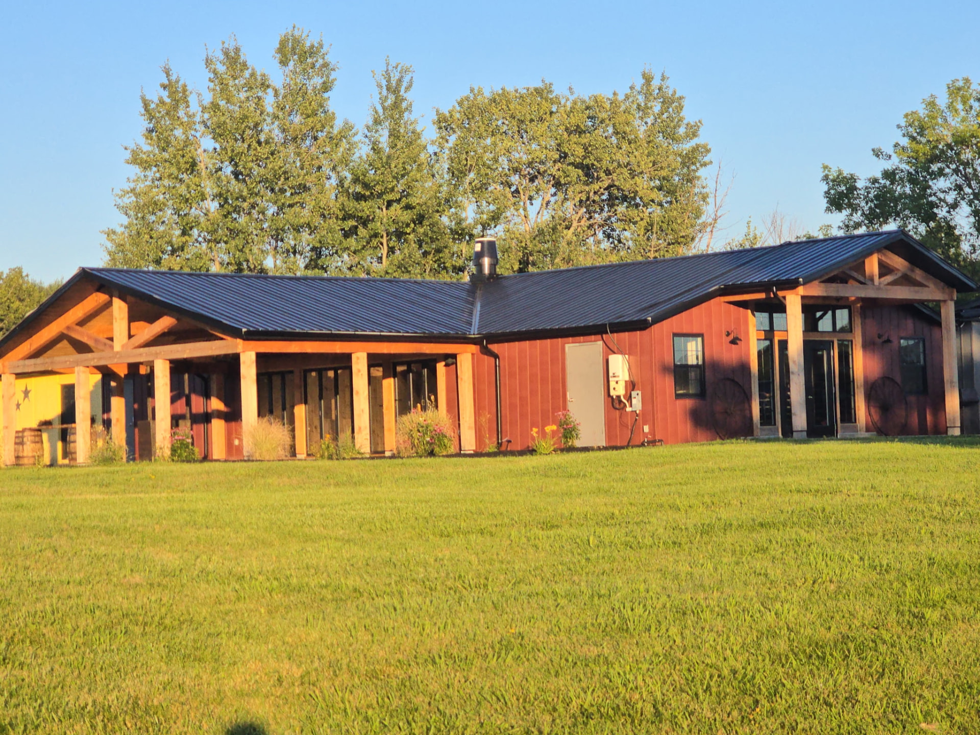 Historic red timber-frame barn at SV Country Estate in Georgina, Ontario